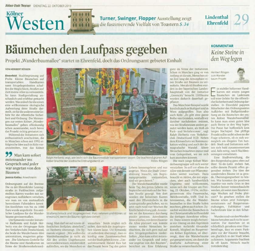 Bildschirmfoto Kölner Stadtanzeiger zur Wanderbaumallee, 22.10.2019